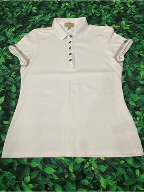 Burberry Cream Short-Sleeve Polo Top with Button Placket